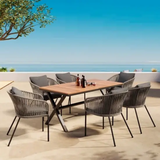 FIONECA 7-Piece Patio Dining Set with Acacia Wood Tabletop & Metal Frame, Outdoor Furniture Set with Chairs for Garden, Backyard, Balcony, Grey image {1}
