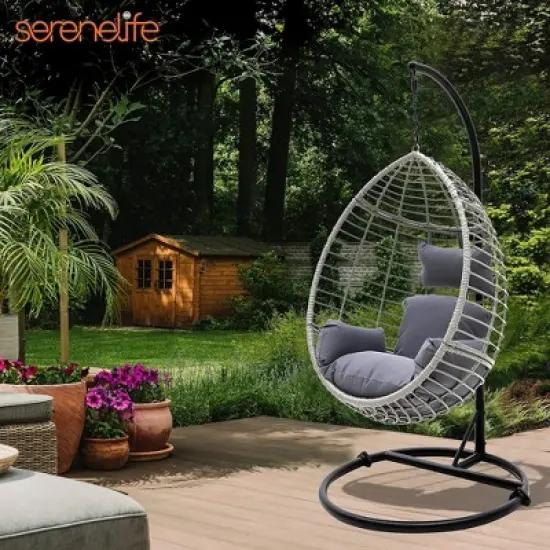 SereneLife Wicker Rattan Swing Chair with Cushion - Gray image {1}