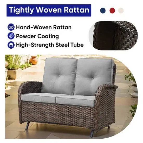POCASSY 49.5" Wide Outdoor Glider Loveseat, All Weather Brown Wicker Rattan Patio Loveseat Glider for Porch Deck Garden image {5}