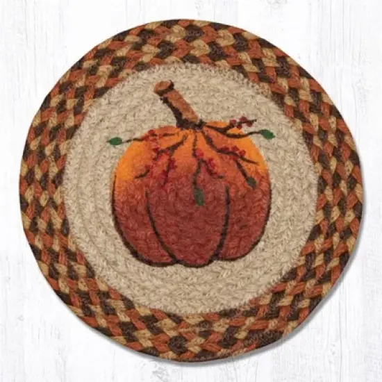Earth Rugs Harvest Pumpkin Printed Round Trivet &ndash; 10"x10" Braided Jute Fall D&eacute;cor Hot Pad with Rustic Autumn Gourd Design image {3}
