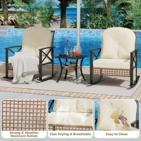 GustoWave 3-Piece Rocking Bistro Set With Thick Cushions, Rocking Chairs And 2-Tier Coffee Table, Metal Frame For Garden, Backyard, Balcony image {5}