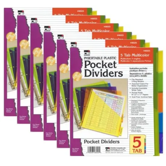 Charles Leonard Index Dividers with Pockets, 5-Tab, Assorted Colors, 5/Pack, 6 Packs image {2}