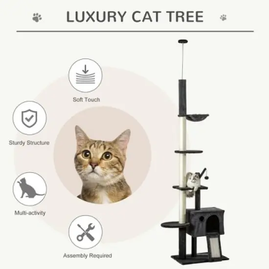 SKYONE Beige Floor-to-Ceiling Cat Tree with Adjustable Height, Multiple Platforms, Bed, Hammock, image {6}