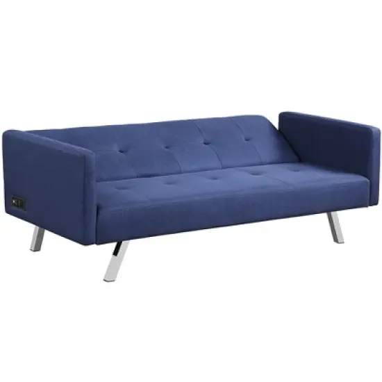 Costway Convertible Futon Sofa Bed Folding Recliner w/USB Ports&Power Strip Grey\Blue image {9}