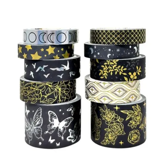Wrapables Decorative Gold Foil Washi Tape Box Set for Arts & Crafts, Scrapbooking, Stationery, Diary (10 Rolls), Midnight image {7}