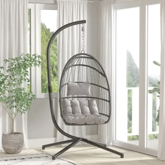 Merrick Lane Foldable Woven Hanging Egg Chair in Gray with Removable Gray Cushions and Stand for Indoor and Outdoor Use image {7}