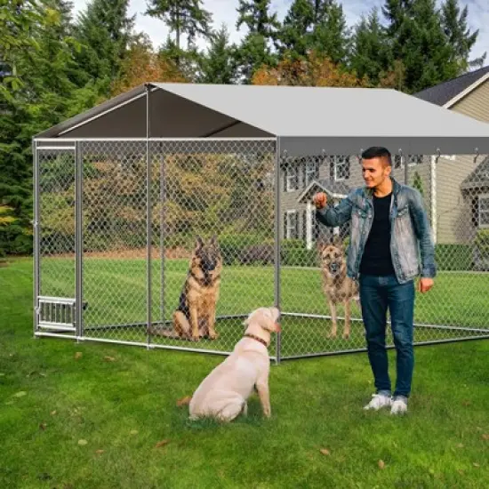 Jojoka Outdoor Dog Kennel, Large Metal Dog House with Feeding Device, Waterproof Cover, Rainproof Roof, Secure Yard Pet Playpen image {6}