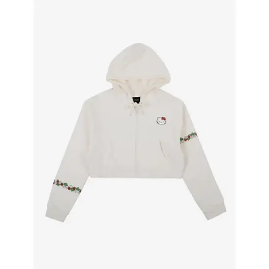 Hello Kitty Strawberries Puff Print Long Sleeve Zip Up Women's White Cropped Hoodie image {4}