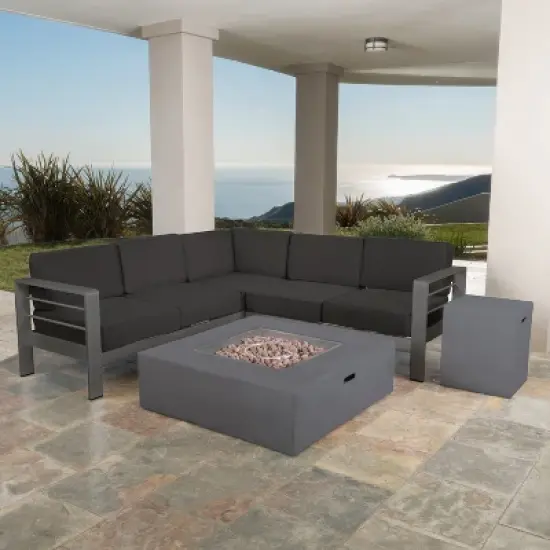 Christopher Knight Home Cape Coral Outdoor Aluminum 5 Seater Sectional Sofa Chat Set with 50000 BTU Fire Pit image {1}