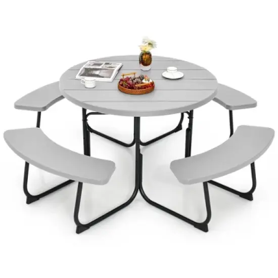 Costway Outdoor 8-person Round Picnic Table Bench Set with 4 Benches & Umbrella Hole Black/Grey/Green/White image {11}