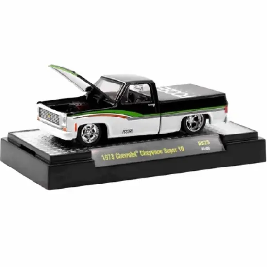 1973 Chevrolet Cheyenne Super 10 Pickup Truck Black and White with Stripes "Foose" 1/64 Diecast Model Car by M2 Machines image {1}
