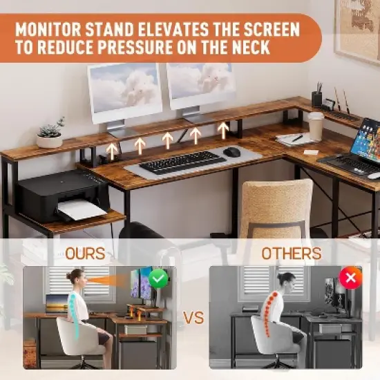 L Shaped Office Desk - 76" Reversible L Shaped Computer Desk Office Desk with Power Outlet and File Drawer Gaming Desk with Monitor Shelf Desk image {2}