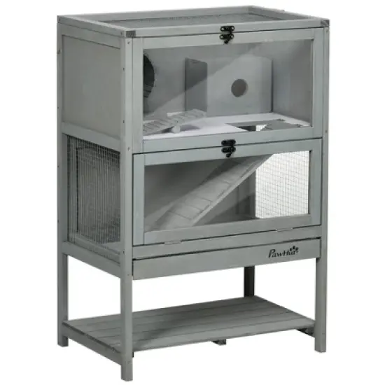 PawHut 35.5" Wooden Hamster Cage, Mice Rodent Small Animals Kit Hutch, w/ Storage Shelf, Sliding Tray, Seesaw, Running Wheel, Lockable Roof Grey image {6}