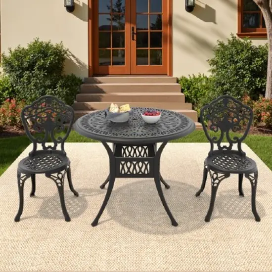 3-Piece Patio Set: Round Table & 2 Chairs - Cast Aluminum, All-Weather/Umbrella Hole & Adjustable Legs for Balcony/Backyard image {1}