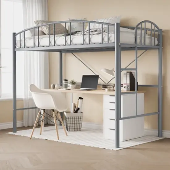Garvee Loft Bed Twin Size, Heavy Duty Metal Loft Bed Frame with Arched Guardrail and Safety Ladder, Space-Saving, No Box Spring Needed, Black image {10}