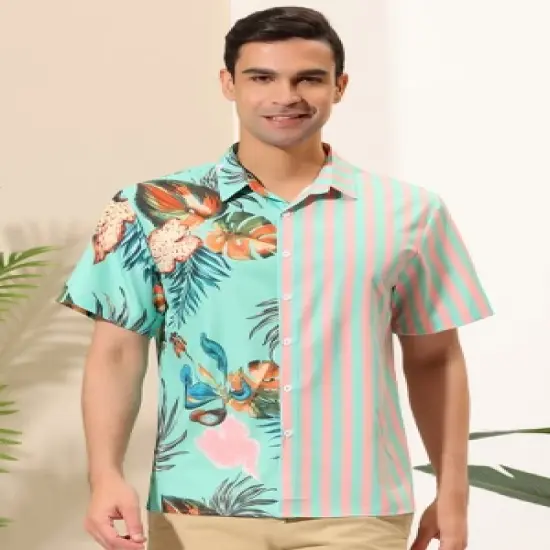 Lars Amadeus Men's Summer Button Down Hawaiian Tropical Floral Leaf Striped Patchwork Shirts image {1}