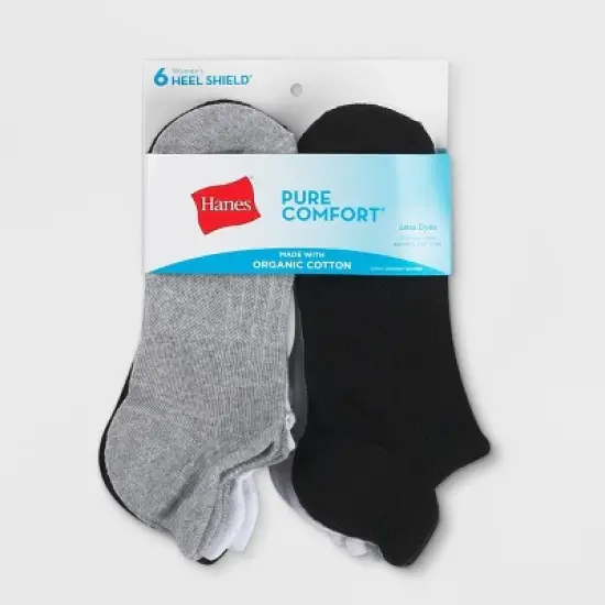 Hanes Pure Comfort Women's Organic Cotton Ribbed 6pk No Show Tab Casual Socks - Heather Gray/Black/White 5-9 image {1}