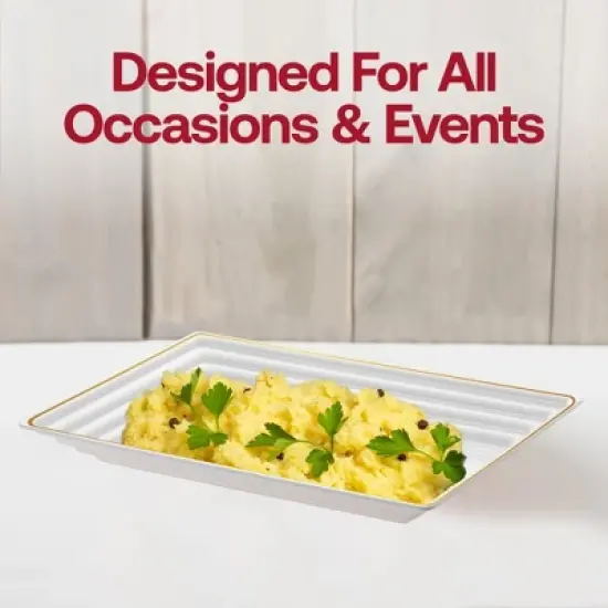 Smarty Had A Party 9" x 13" White with Gold Rim Rectangular Plastic Serving Trays - 15 pcs image {4}
