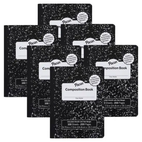 Pacon Composition Books with Dry Erase Surfaces, Black Marble, 3/8" Ruled w/Margin , 100 Sheets/200 Pages, Pack of 6 image {3}