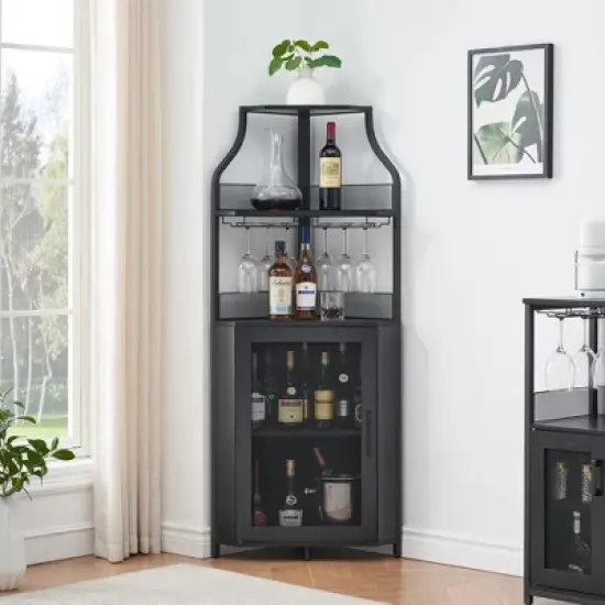 Corner Wine Cabinet with Detachable Wine Rack, 5-Tier Industrial Corner Bar Cabinet with Barn Door and Glass Holder image {9}