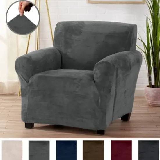 Great Bay Home Stretch Velvet-Plush Washable Chair Slipcover image {11}