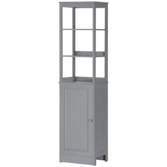 kleankin Tall Bathroom Storage Cabinet, Freestanding Linen Tower with 3-Tier Open Shelf and Cupboard, Slim Floor Organizer image {3}