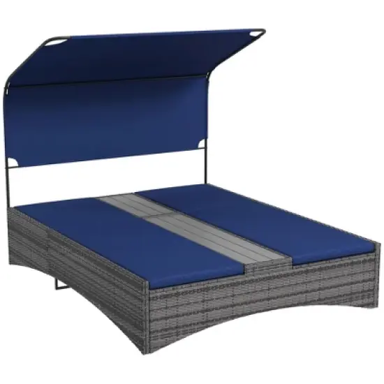 Resenkos Outdoor Elegance PE Rattan Double Chaise Lounge, Reclining Daybed With Canopy, Composite Wood-Plastic Middle Table, Dark Blue image {11}