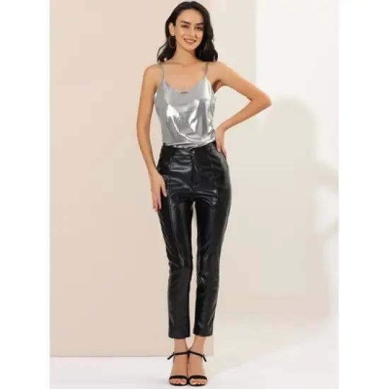 Allegra K Women's Metallic Shiny Party Tank Top Deep V Camisole Tops image {2}