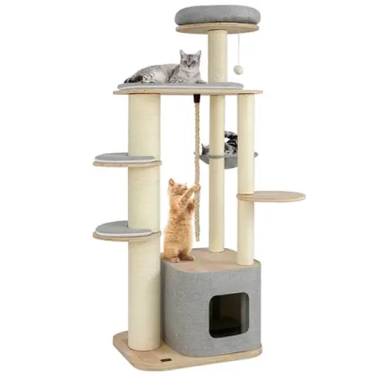 Tangkula 63" Tall Modern Cat Tree w/ Perch Condo Hammock 5.6" Scratching Posts image {9}