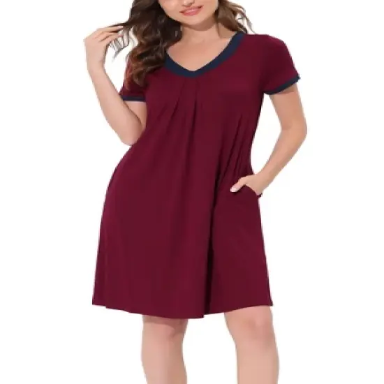 cheibear Womens Sleepwear Lounge Dress V-Neck with Pockets Soft Nightshirt Pajama Nightgown image {6}