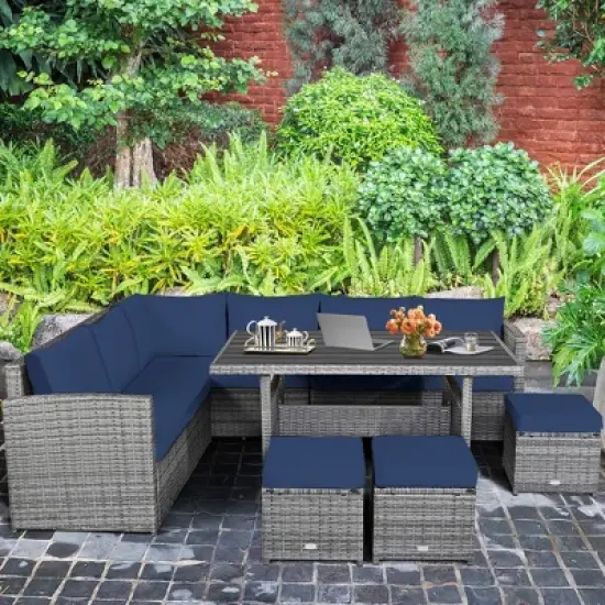 Tangkula 7PCS Rattan Patio Sectional Sofa Set Conversation Set w/ Navy Cushions image {1}