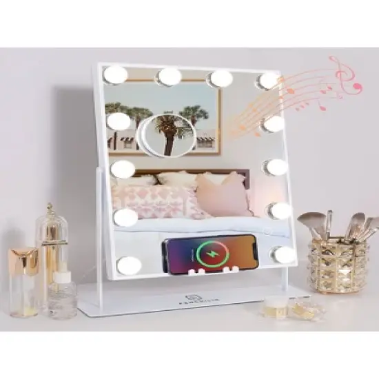 Fenchilin Lighted White Hollywood Vanity Makeup Mirror with Wireless Charger, Bluetooth, 12 Dimmable Bulbs, 10X Magnification, and 3 Color Options image {2}