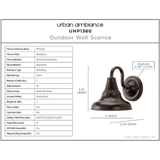 Urban Ambiance Luxury Industrial Outdoor Wall Sconce 8.25''H x 8''W,  Olde Bronze Finish,  Pittsburgh Collection, UHP1360 image {2}
