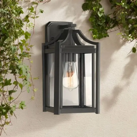Franklin Iron Works Rockford Rustic Farmhouse Outdoor Wall Light Fixture Black 12 1/2" Clear Beveled Glass for Post Exterior Barn Deck House Porch image {1}