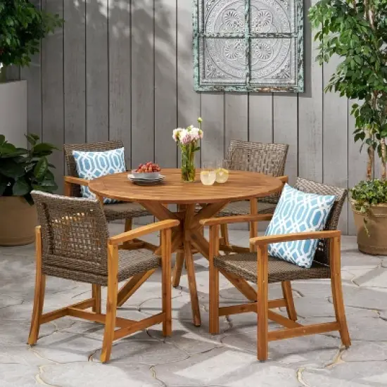 Christopher Knight Home Outdoor Acacia Wood and Wicker 5 Piece Dining Set, Teak/Mixed Mocha image {10}