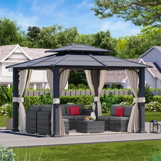 EROMMY 12 Ft. W x 10 Ft. D Hardtop Gazebo, Double layered Roof Gazebo, Black image {8}