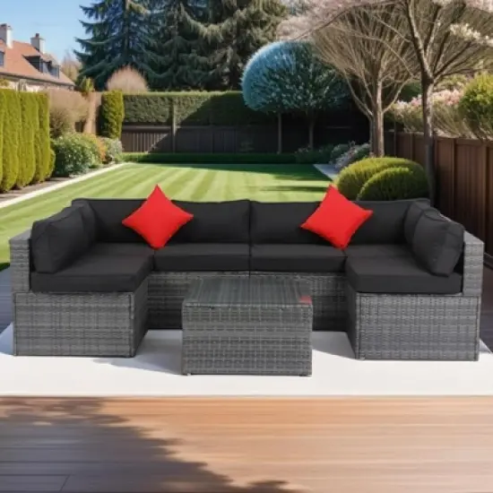 ELJGET Patio Furniture Set Outdoor Wicker Conversation Sets All Weather PE Rattan Sectional Sofa Set with Cushions & Coffee Table image {14}