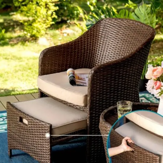 5pc Rattan Conversation Set with Chairs, Ottomans & Storage Side Table - Captiva Designs image {3}