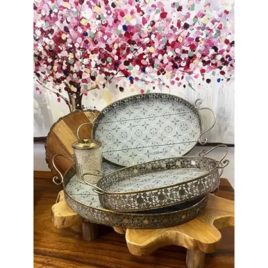 Essential Decor & Beyond 3-Piece Metal Oval Tray Silver With Handle image {2}