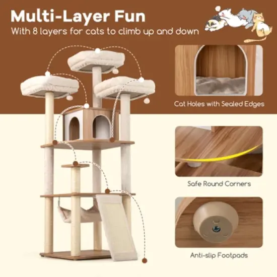 Tangkula 68" Large Cat Tower w/ 3 Padded Perches Condo Sisal Scratching Posts & Ramp image {5}