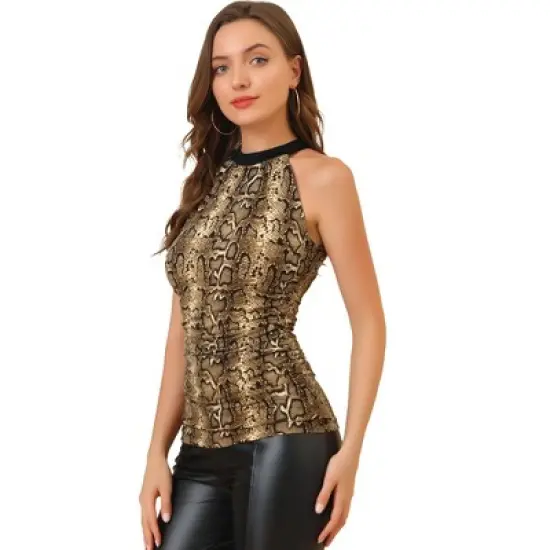 Allegra K Women's Halter Neck Sleeveless Stretchy Ruched Waist Animal Print Tank Tops image {7}