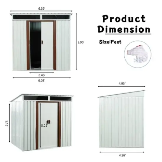 6ft x 5ft Outdoor Metal Storage Shed Lockable Sliding Doors Floor Frame Waterproof Tool Storage House, White image {1}