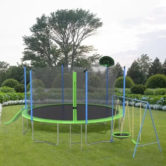 14FT Outdoor Trampoline with Net, Slide and Ladder, 2 Swings and Basketball Hoop image {17}