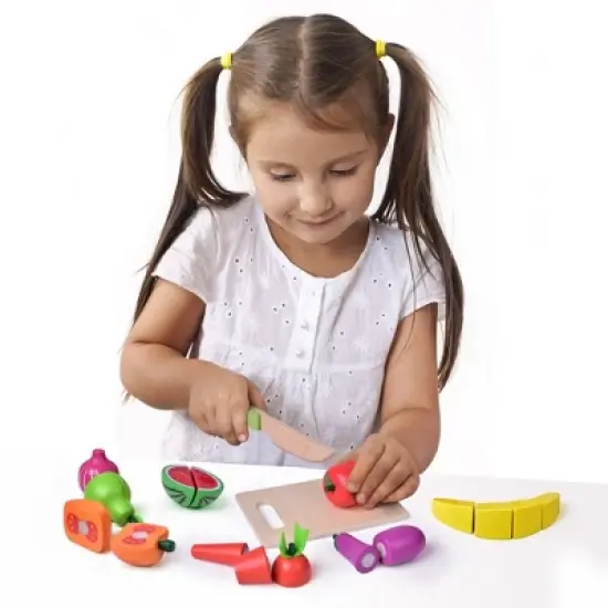 Fun Little Toys 35 PCS Wooden Cutting Food Set, Pretend Play Kitchen Accessories for Kids image {3}