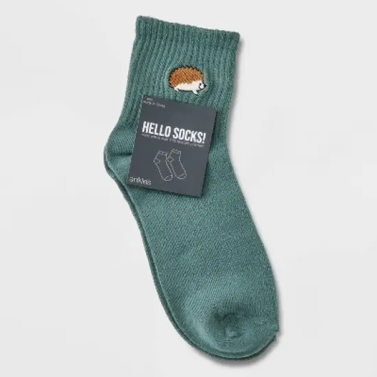 Women's Embroidered Hedgehog Ribbed Ankle Socks - Green 4-10: Lightweight, Recycled Polyester, Banded Cuff, Machine Washable image {1}