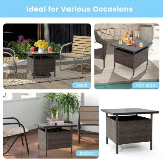MOEPISY Patio Square Wicker Side Table with Umbrella Hole for Yard Garden Poolside image {9}