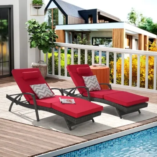 Foldable Wicker Outdoor Patio Chaise Lounge Set Of 2,Outdoor Reclining Lounge Chair Recliner Up To 150&deg; With Cushion And Armrest -Maison Boucle image {12}