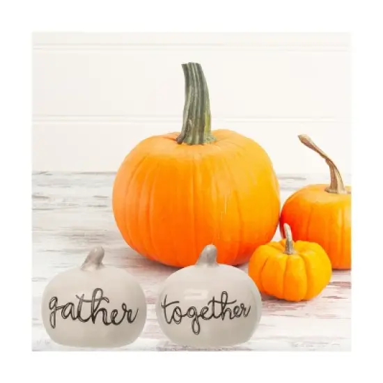 Transpac Harvest Gather Sentiment Pumpkin Dolomite Salt and Pepper Shakers Collectables White 2.5 in. Set of 2 image {3}