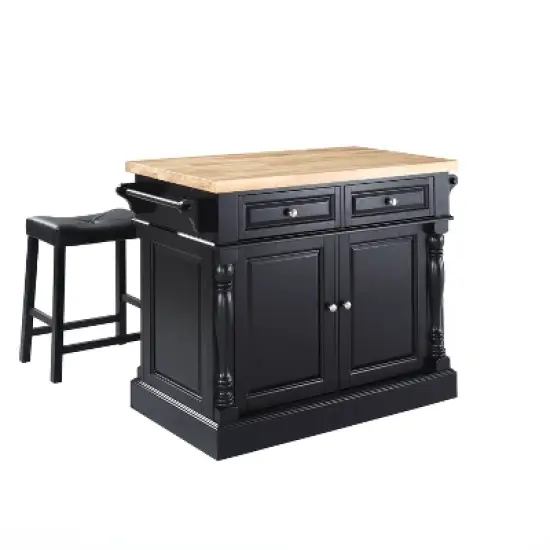 Oxford Kitchen Island with 2 Upholstered Saddle Stools Black - Crosley image {5}