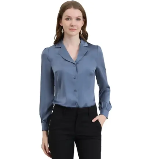 Allegra K Women's Elegant Collar V Neck Long Sleeve Work Office Satin Button Down Shirt image {13}